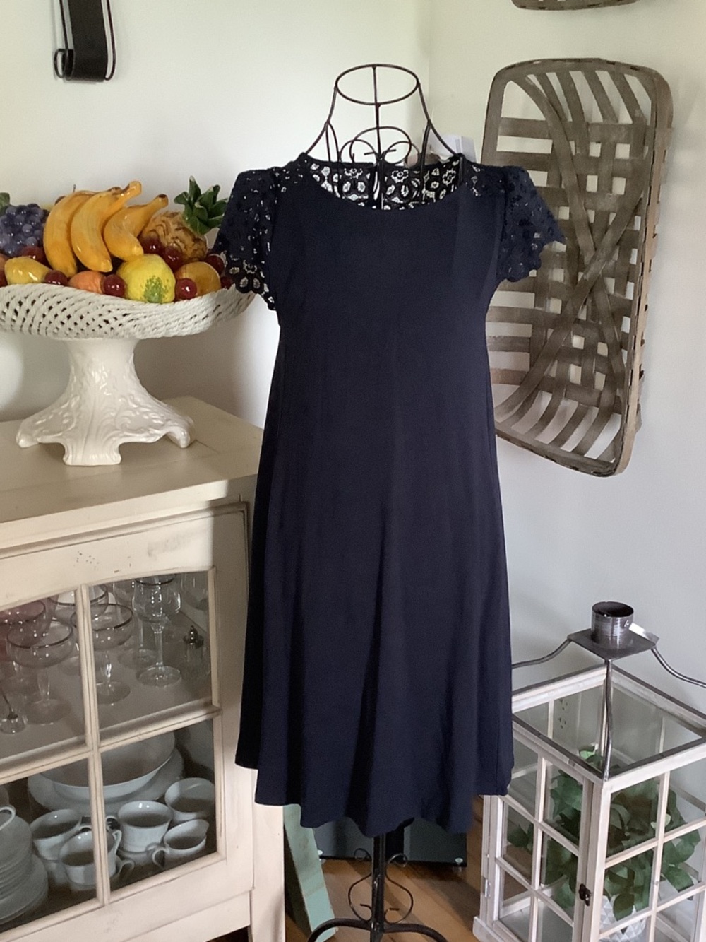 Navy Lace Sleeve A-Line Dress - Women's xxs